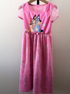 Bluey & Bingo Girls Pink Sparkle Tulle Nightgown Pajama Dress Size S 6/6X